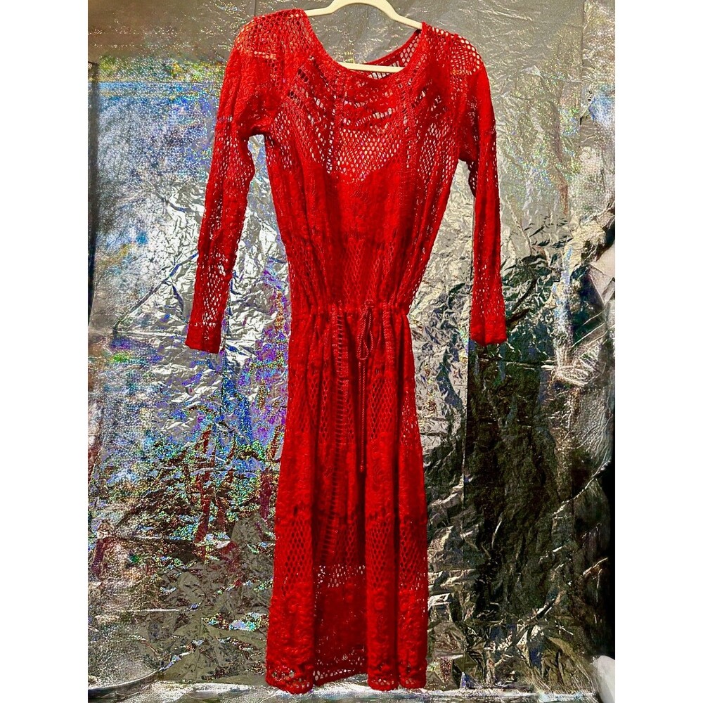 Free People Crochet Lace Midi Dress Size L Vibrant Red Long Sleeve Lined